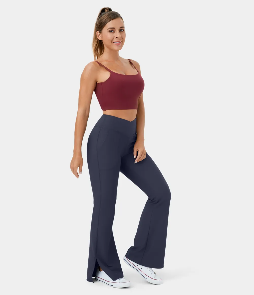 Patitoff Flow Pet Hair Resistant Crossover Pocket Split Hem Yoga Flare Leggings-Smile