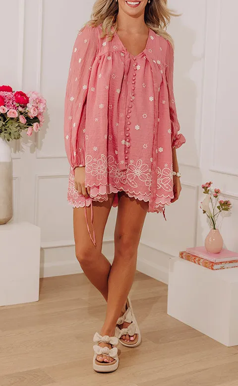 Embroidered Floral V-Neck Long Sleeve Babydoll Mini Dress