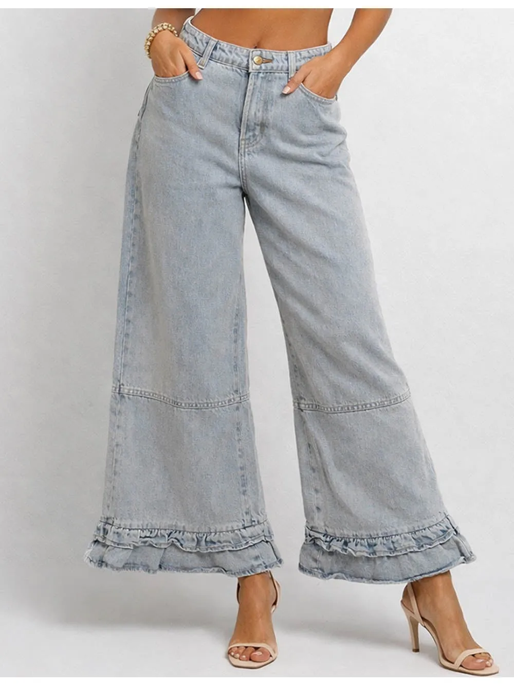 Ruffle Hem Jeans Elastic Waist Wide Leg Denim Pants