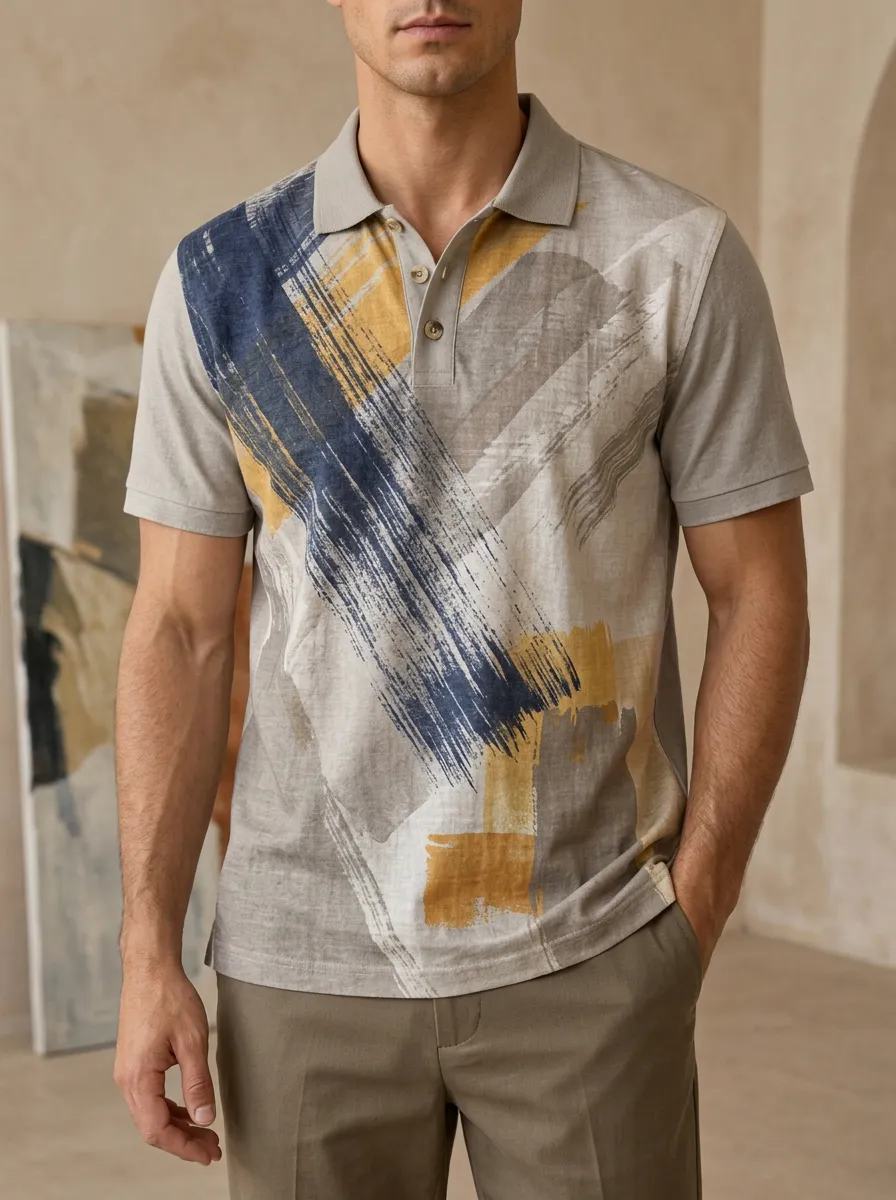 Men's Abstract Brushstroke Art Printed Polo Shirt Everyday Casual Style