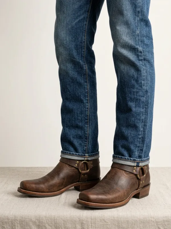 Men's Ranch Western Brown Leather Embroidered Harness Boots