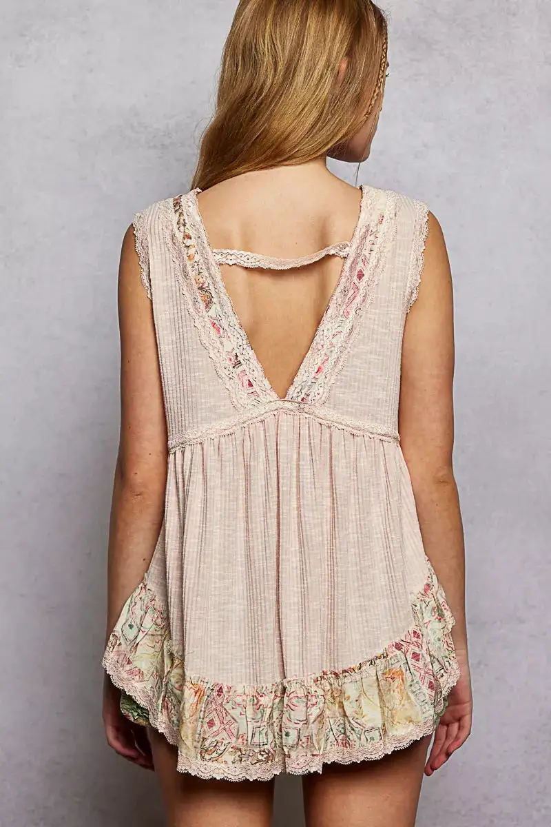 Lace Detail Ruffled Ribbed Sleeveless Top With