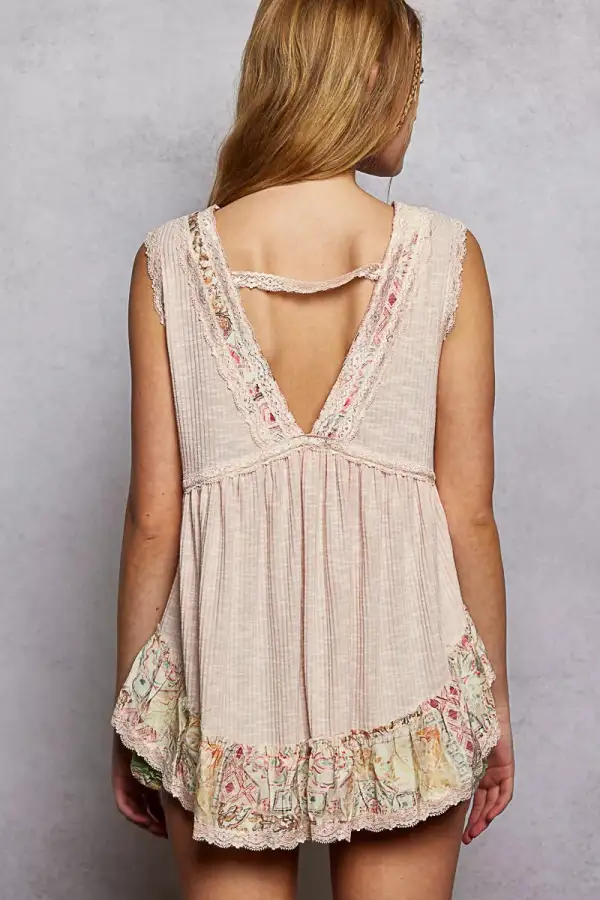 Lace Detail Ruffled Ribbed Sleeveless Top With