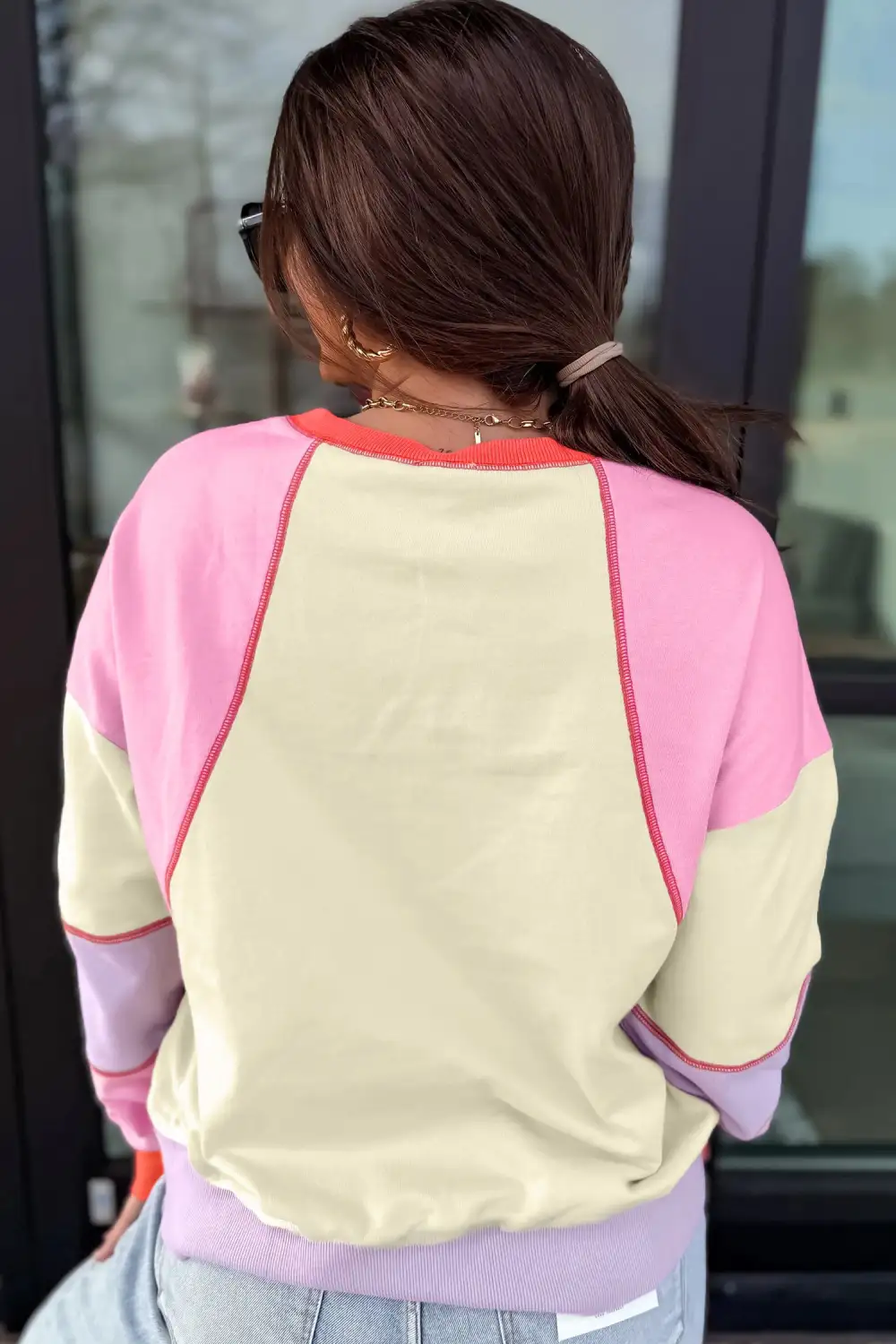 Color Block Ribbed Relaxed Cotton Blend Long Sleeve Top