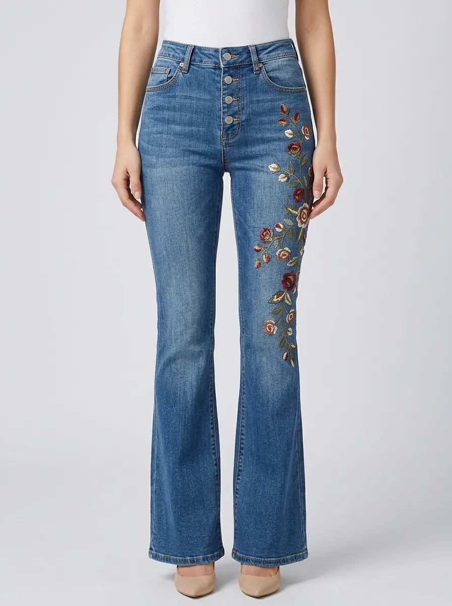 Women's Vintage Floral Embroidered High Waisted Printed Flare Jeans