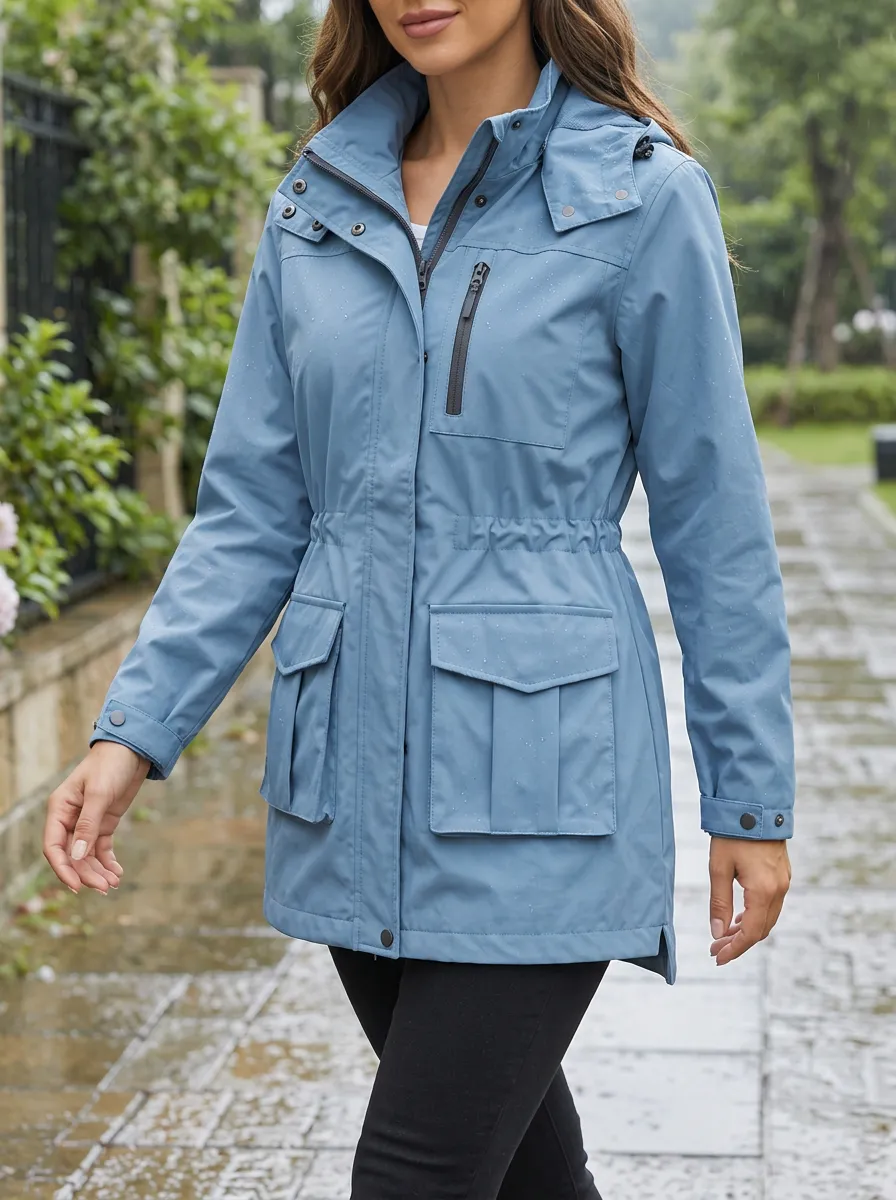 Women's Blue Waterproof Hooded Jacket
