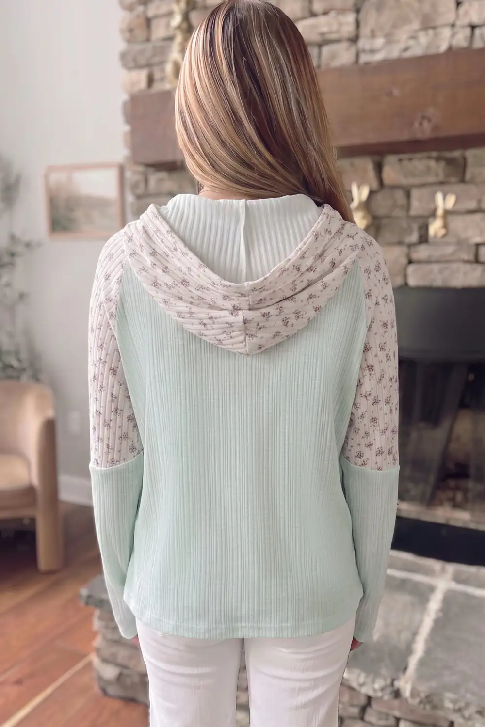 Floral Print Hooded Ribbed Long Sleeve Top