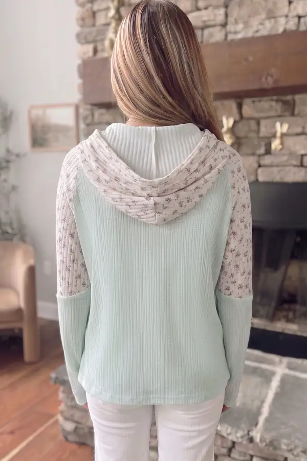 Floral Print Hooded Ribbed Long Sleeve Top