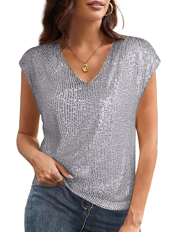 Batwing Sleeve Relaxed Sequined Shiny V-Neck T-Shirt