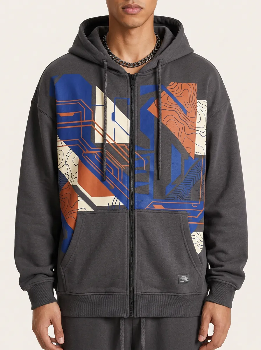 Men's Tech Geometric Topographic Printed Zip Up Hoodie