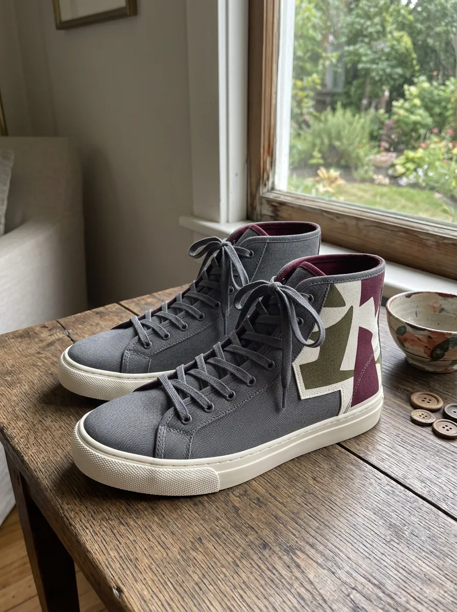 Men's Geometric Pattern Grey Canvas Printed High-Top Shoes