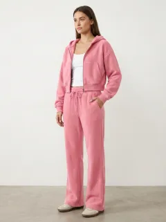Women's Fleece Cropped Hooded Jacket and Flare Pants Active Set