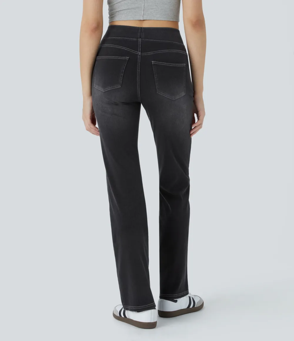 Magic High Waisted Multiple Pockets Washed Stretchy Knit Casual Bootcut Jeans