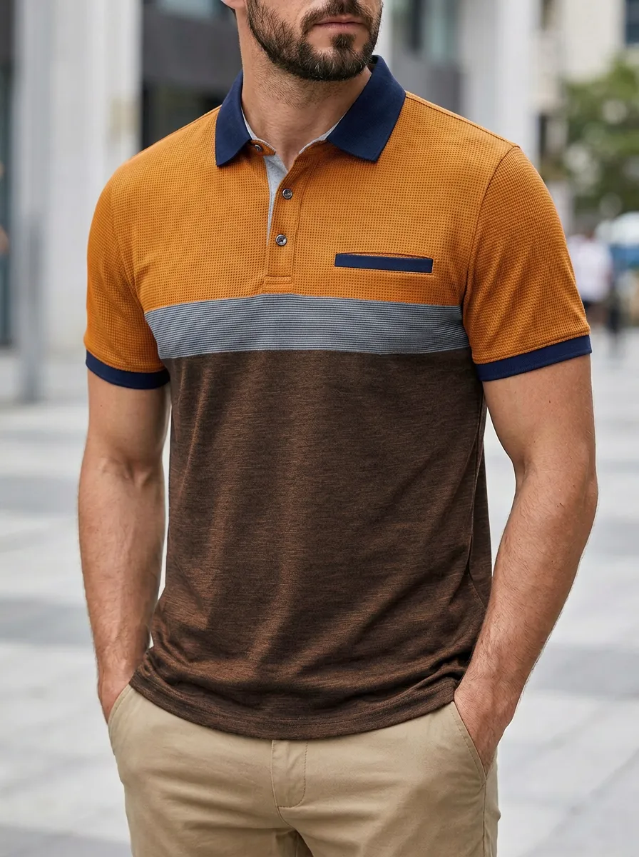 Men's Colorblock Pocket Waffle Textured Polo Shirt