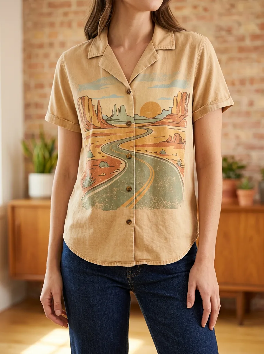 Women's Desert Road Trip Landscape Printed Button-Up Shirt