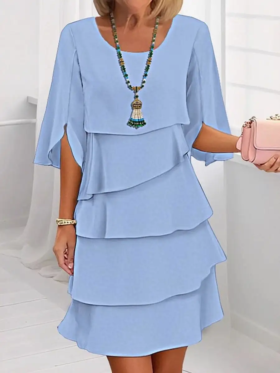 Half Sleeve Relaxed Layered Ruffle Solid Color Split Joint Round Neck