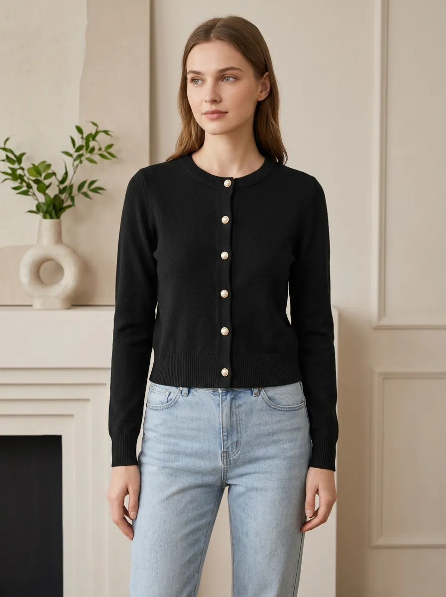 Women's Classic Minimalist Pearl Button Black Knit Cardigan