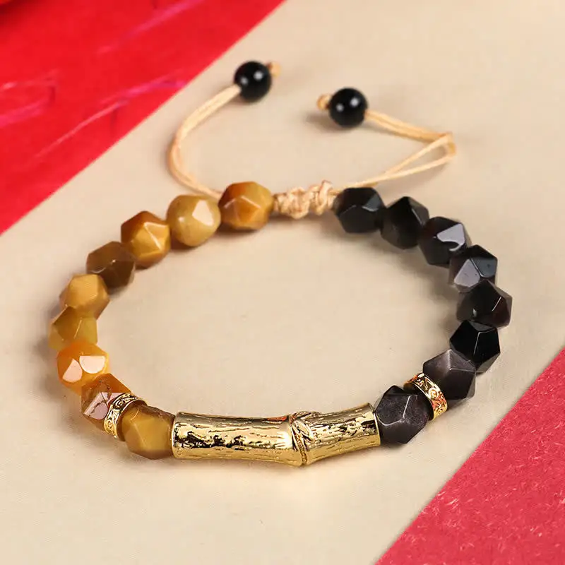 Tiger Eye Obsidian Bamboo Growth Faceted Bracelet