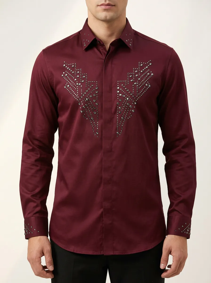 Burgundy Geometric Rhinestone Evening Shirt