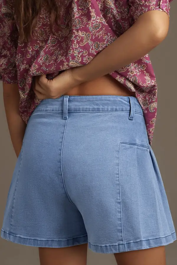 Pleated Patchwork Wide Leg Lightweight Denim Shorts