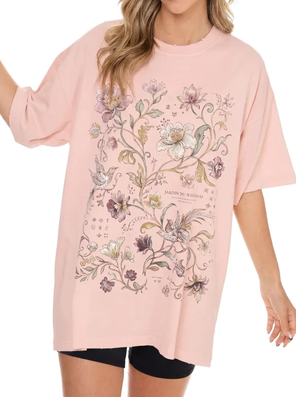 Women's Botanical Bird Garden Floral Printed T-shirt