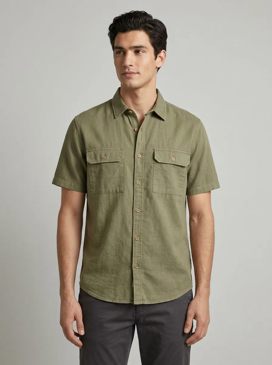 Men's Casual Olive Green Breathable Cotton Short Sleeve Button-Down Shirt