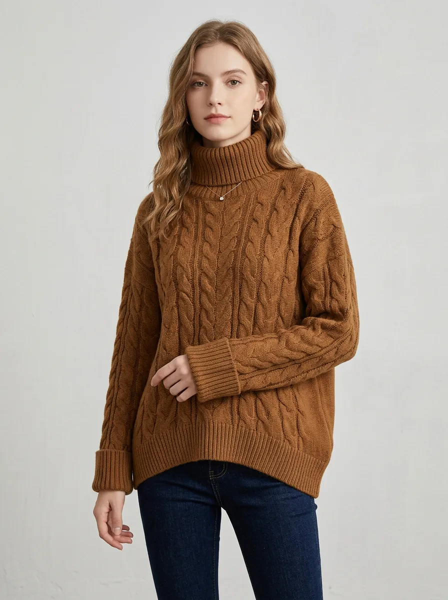 Women's Casual Winter Brown Cable Knit Turtleneck Sweater