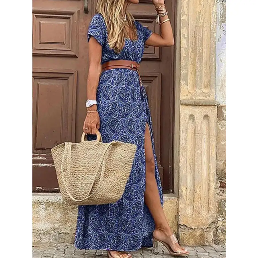 Full Size Printed V Neck Short Sleeve Maxi Dress Plus Size