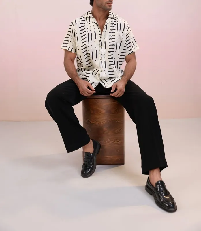 White Abstract Mulmul Cotton Camp Collar Shirt
