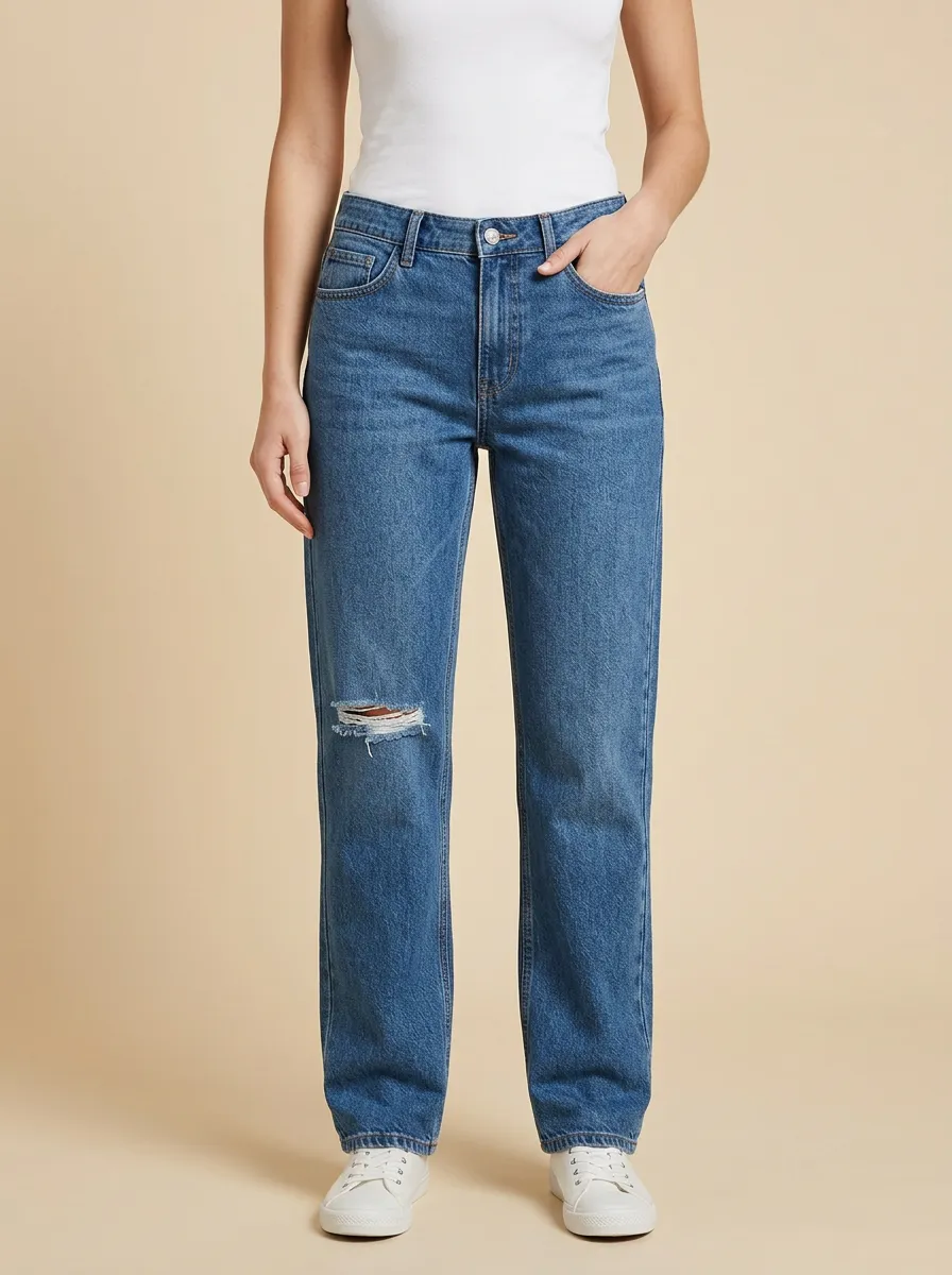 Women's Contrast-Stitch Right-Knee Distressed Mid-Rise Straight-Leg Jeans