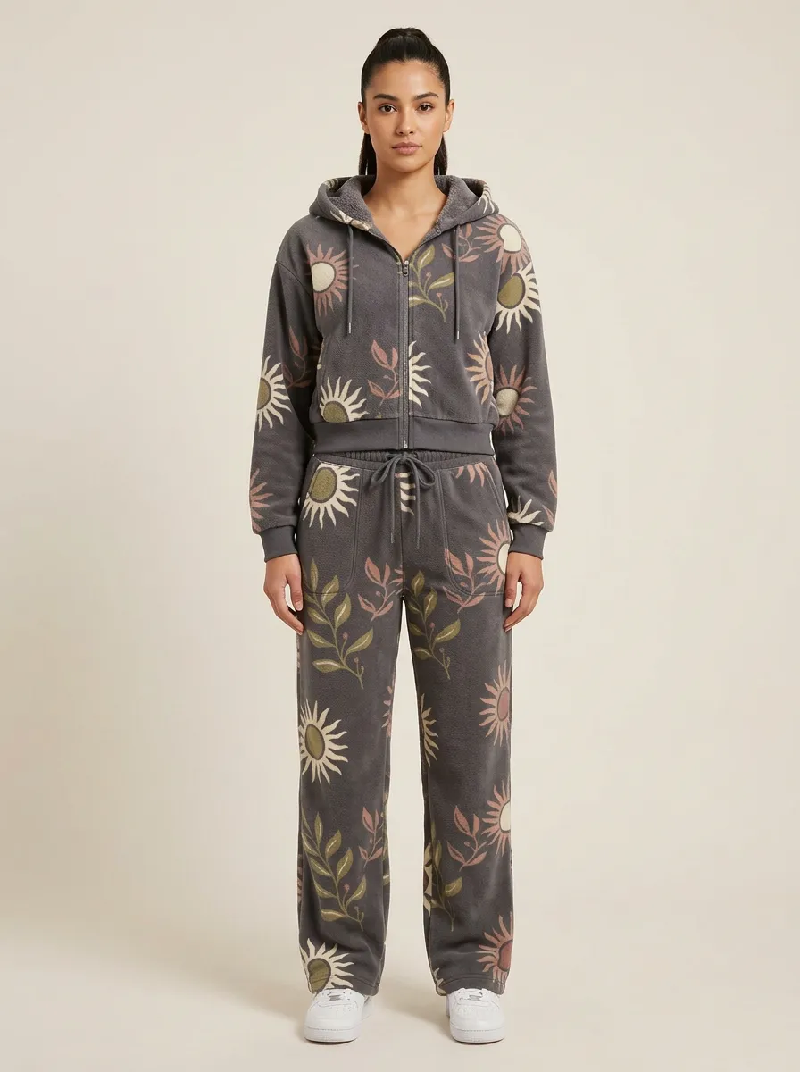 Women's Floral Print Zip-Up Hoodie And Jogger Set