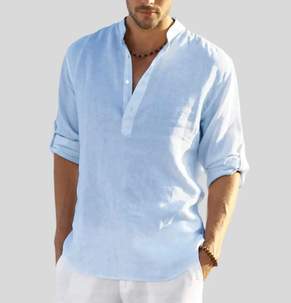Linen Henley Collar Long Sleeve Shirt