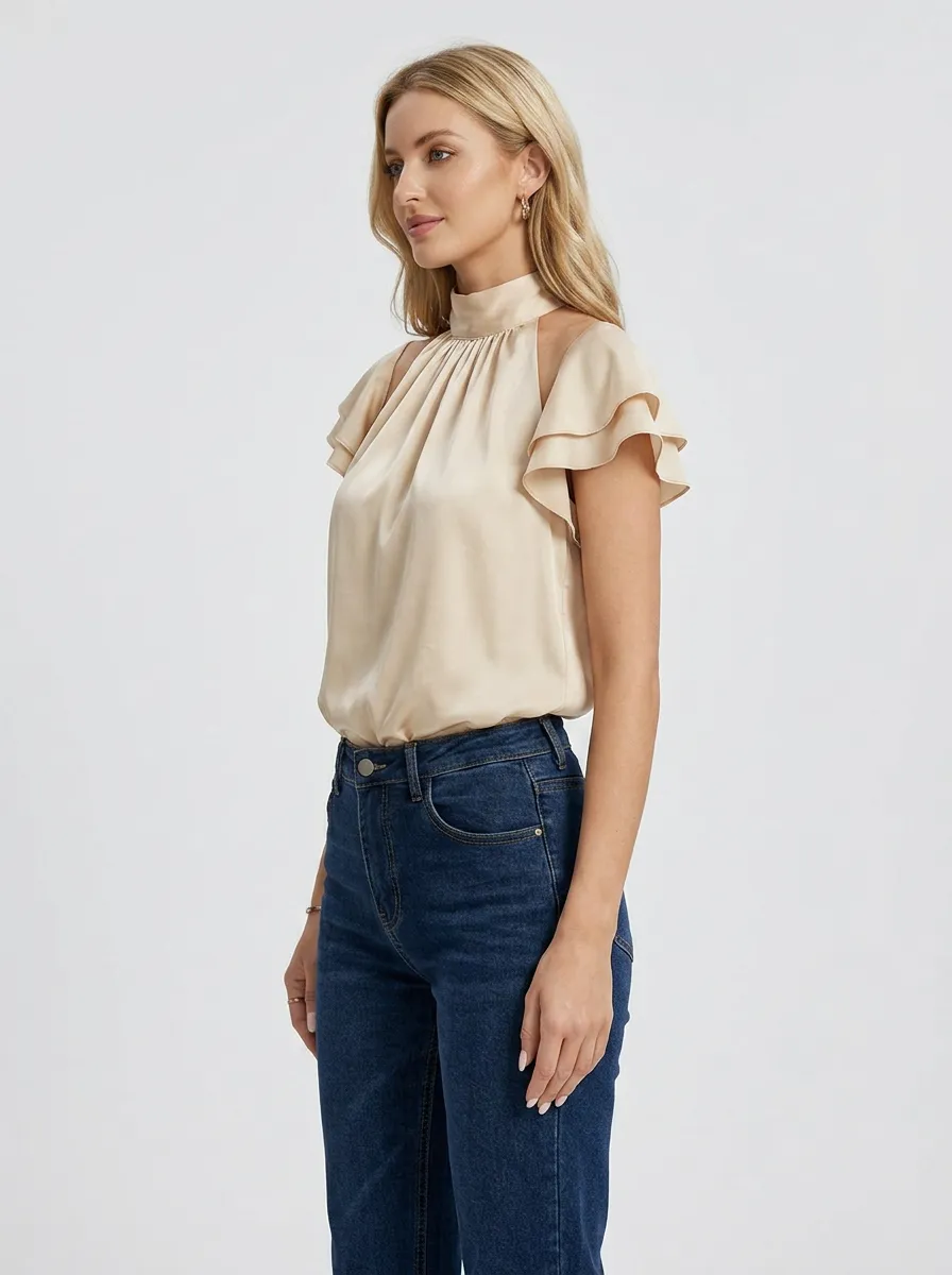 Satin Ruffle Sleeve Mock Neck Blouse