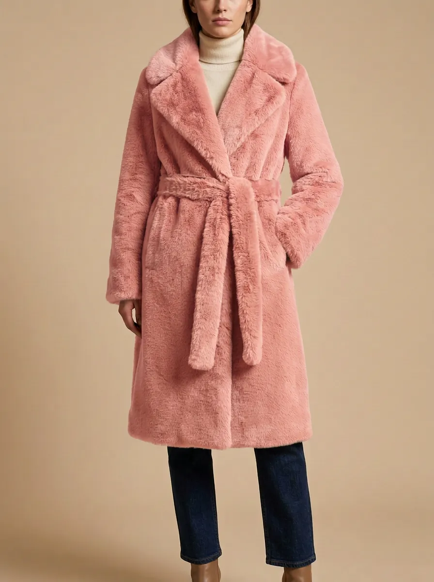 Crafted Solid Faux Fur Belted Coat