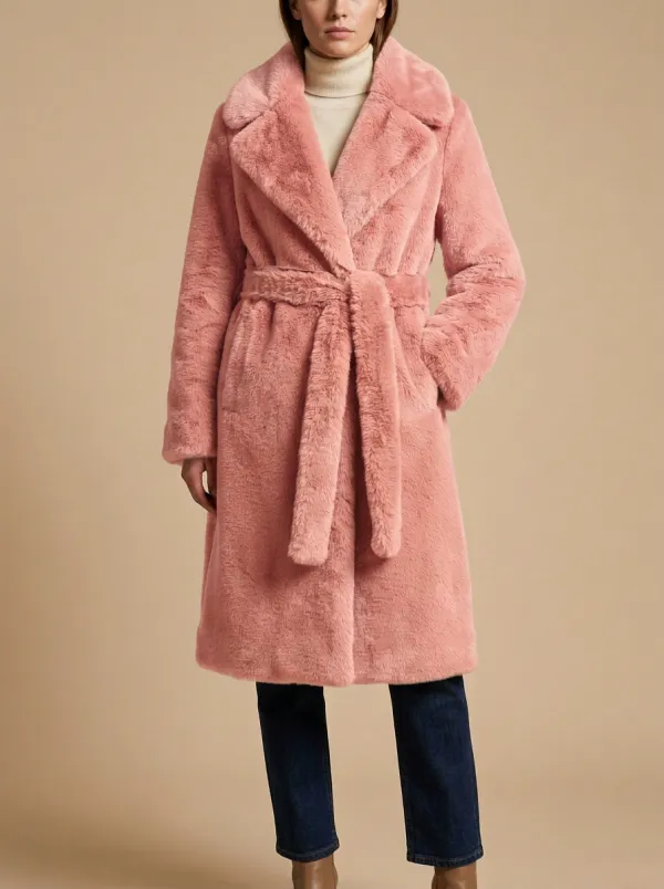 Crafted Solid Faux Fur Belted Coat