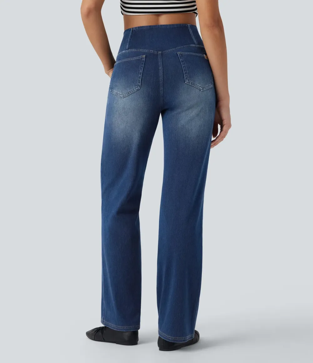 High-waisted, relaxed, crossover straight-leg jeans with  pockets