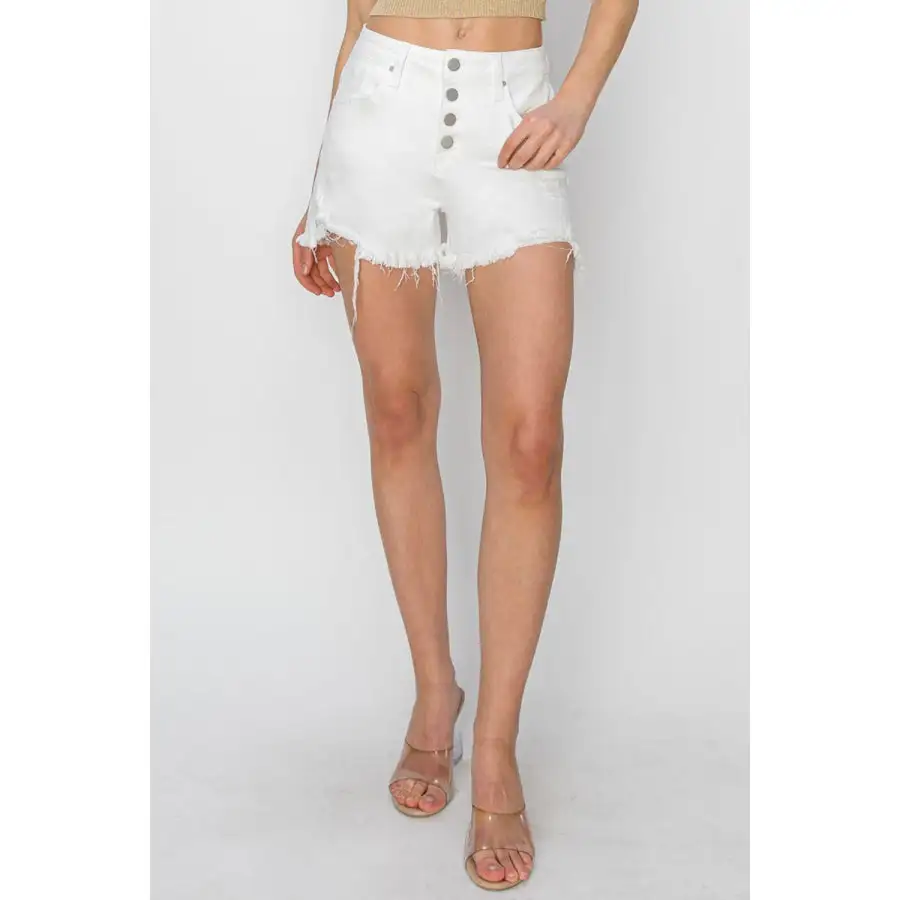 Risen Button Fly Frayed Hem Denim Shorts