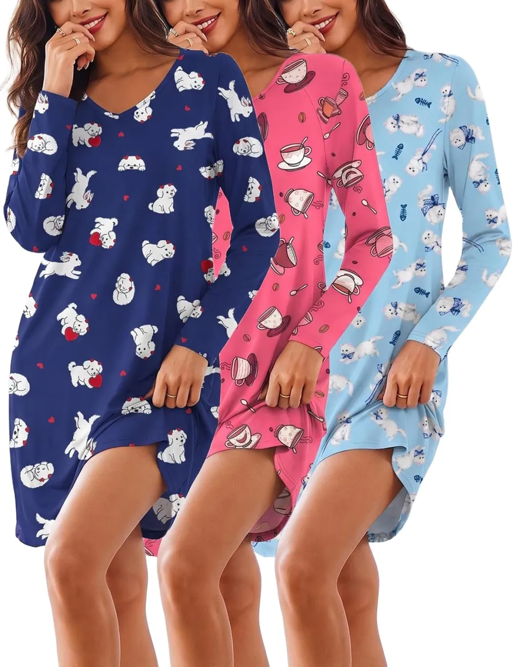 Ekouaer 3 Pack Long Sleeve Nightgowns for Women Casual Sleepwear Nightshirt