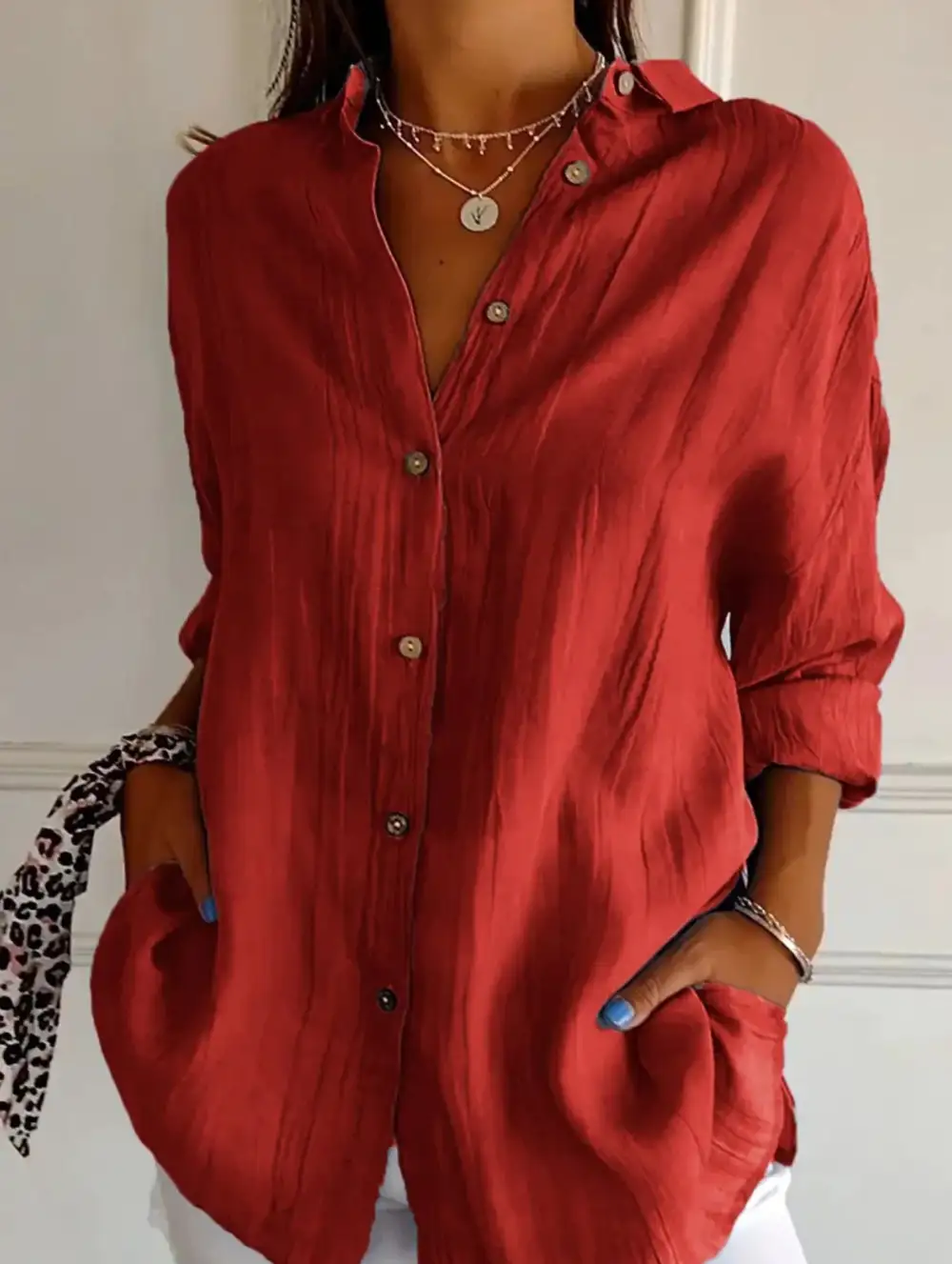 Button Detail Pleated Button-Up Shirt