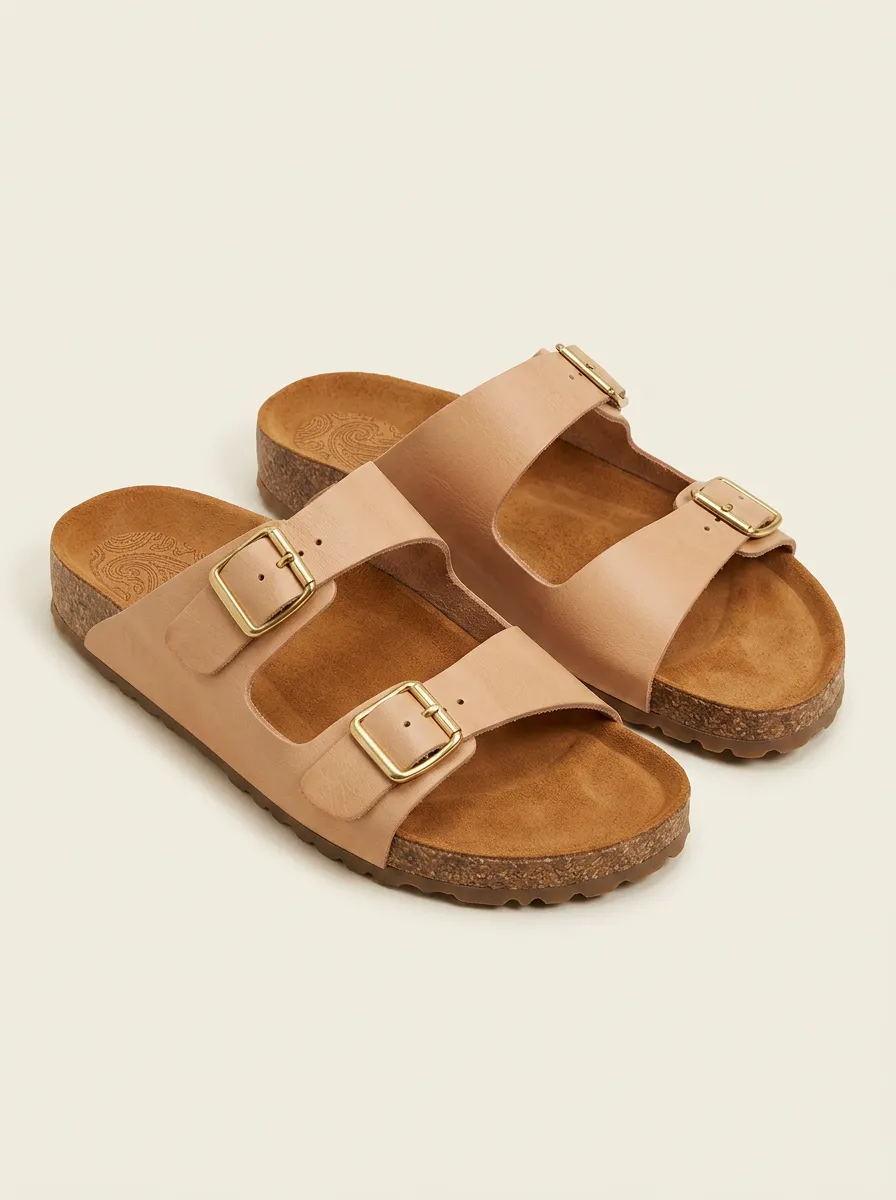 Unisex Minimalist Beige Double Buckle Cork Printed Sandals