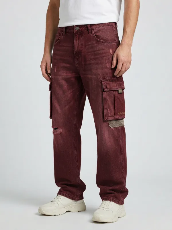 Men's Distressed Denim Cargo Jeans with Side Pockets