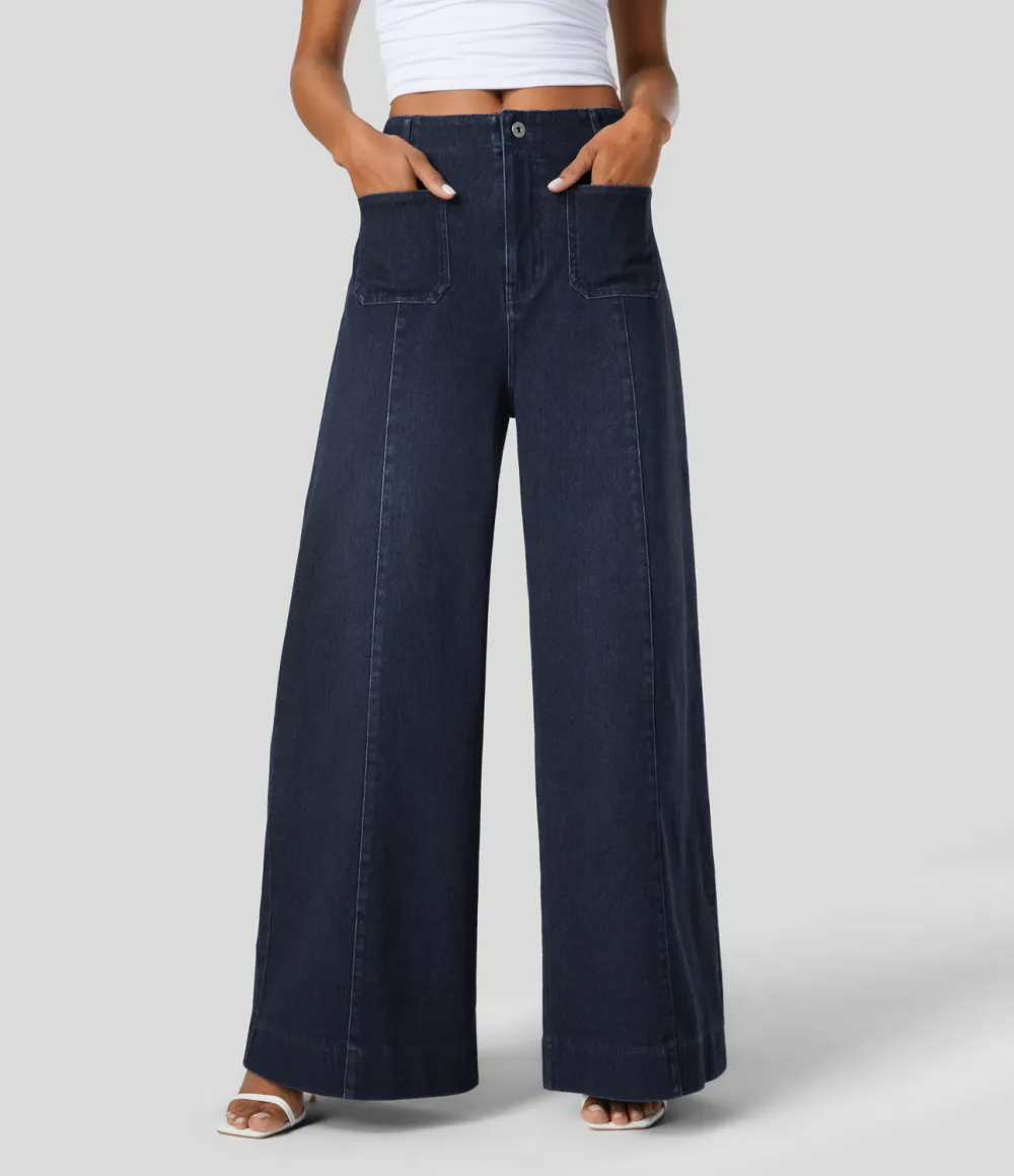 Magic High Waisted Front Pockets Washed Stretchy Knit Casual Wide Leg Jeans