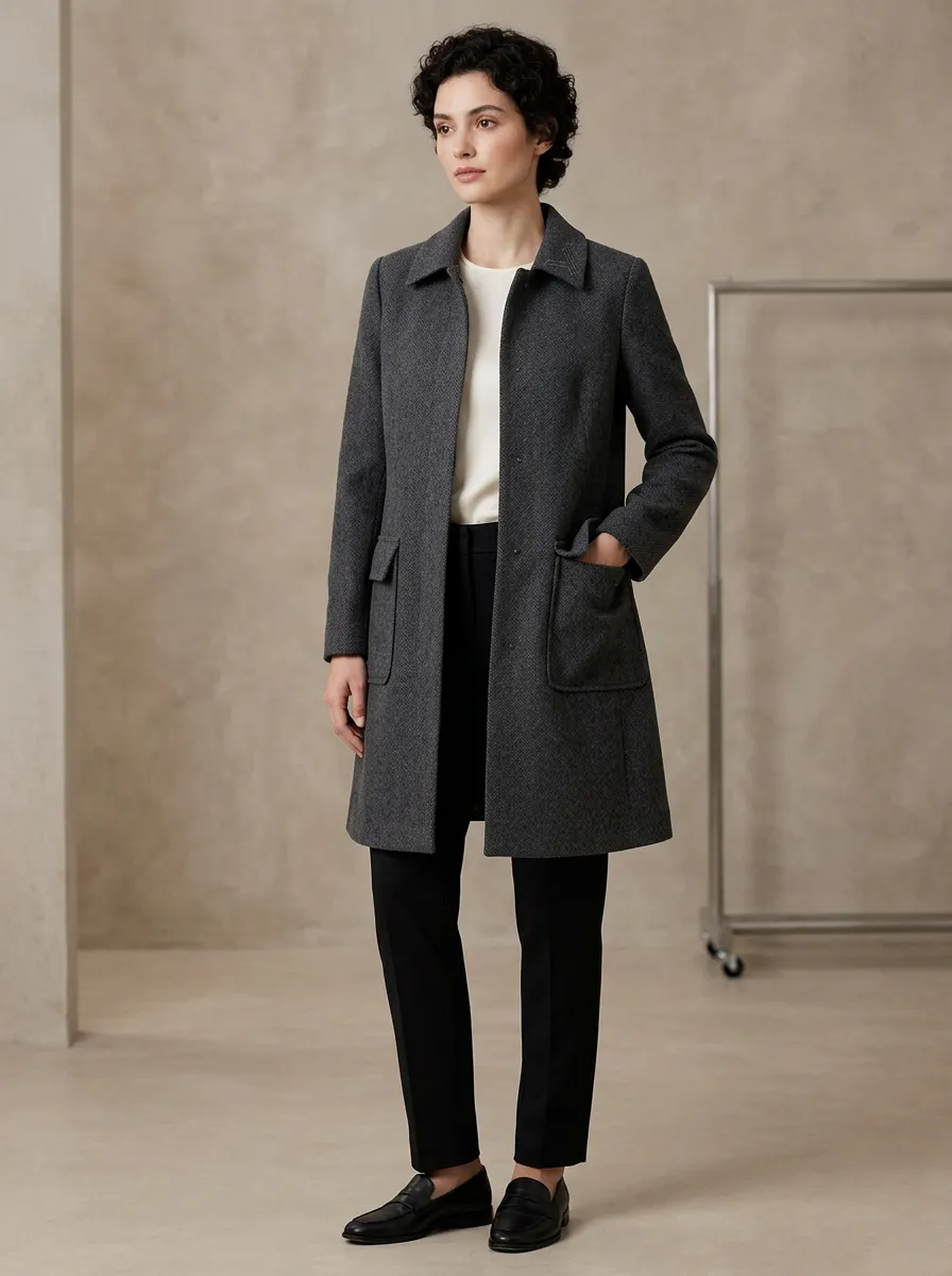 Women's Minimalist Charcoal Gray Herringbone Wool Blend Coat