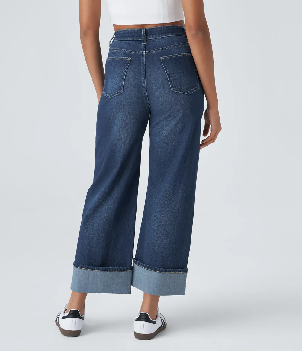 Magic High Waisted Multiple Pockets Rolled Hem Wide Leg Washed Stretchy Knit Casual Jeans