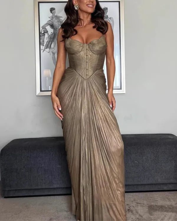 Pleated Satin Maxi Tie Detail Dress