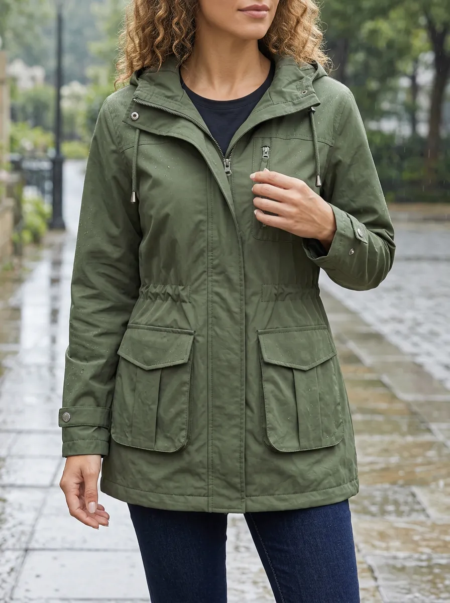 Women's Olive Green Waterproof Hooded Jacket with Adjustable Cuffs