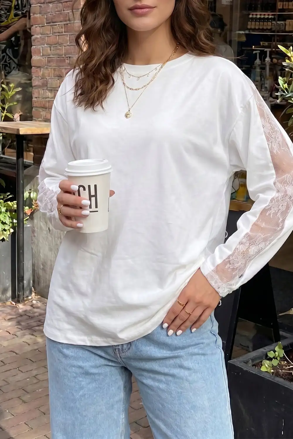 Patchwork Round Neck Relaxed Viscose Blend Long Sleeve Top