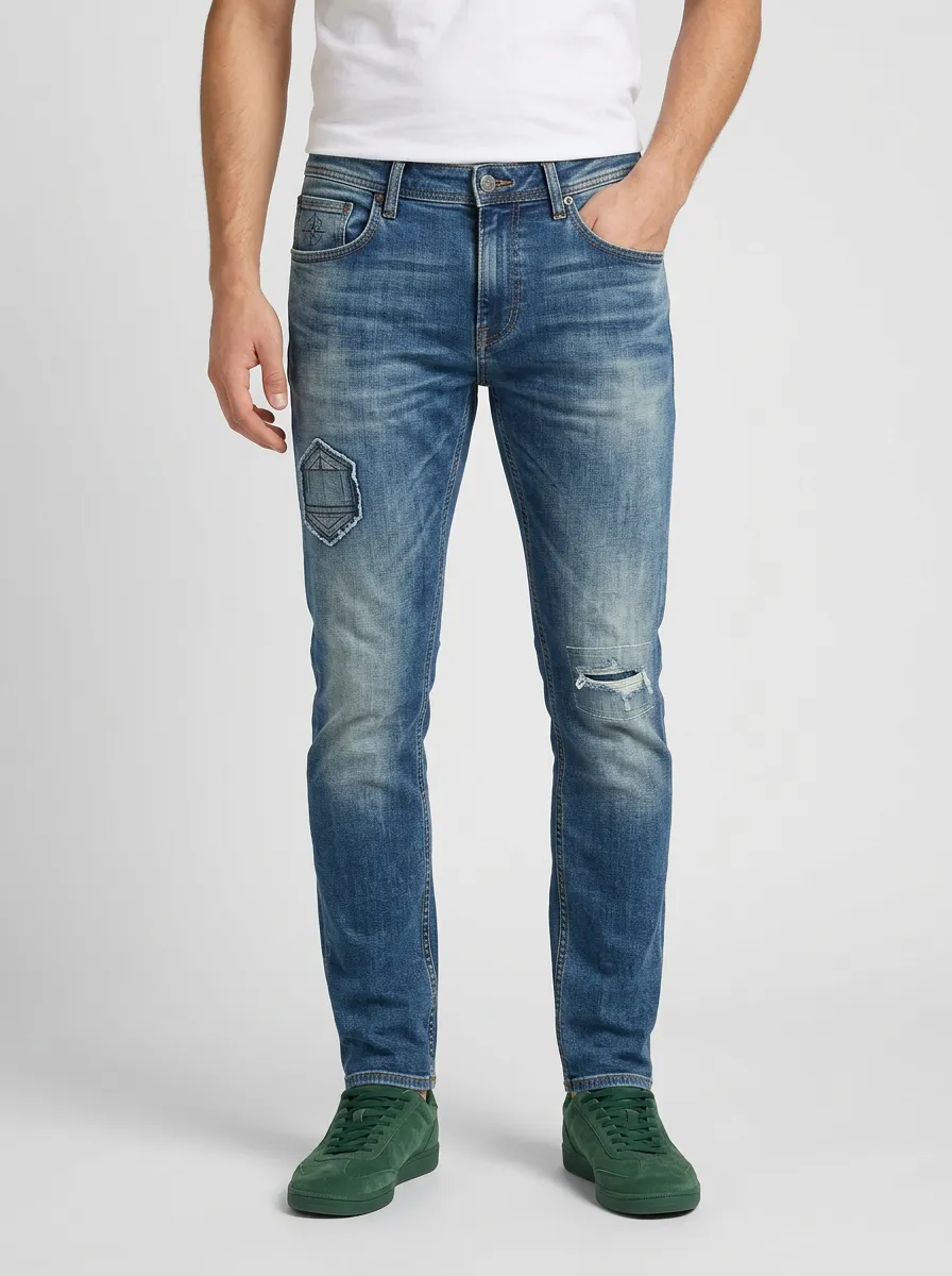 Men's Distressed Patchwork Faded Blue Slim-Fit Jeans