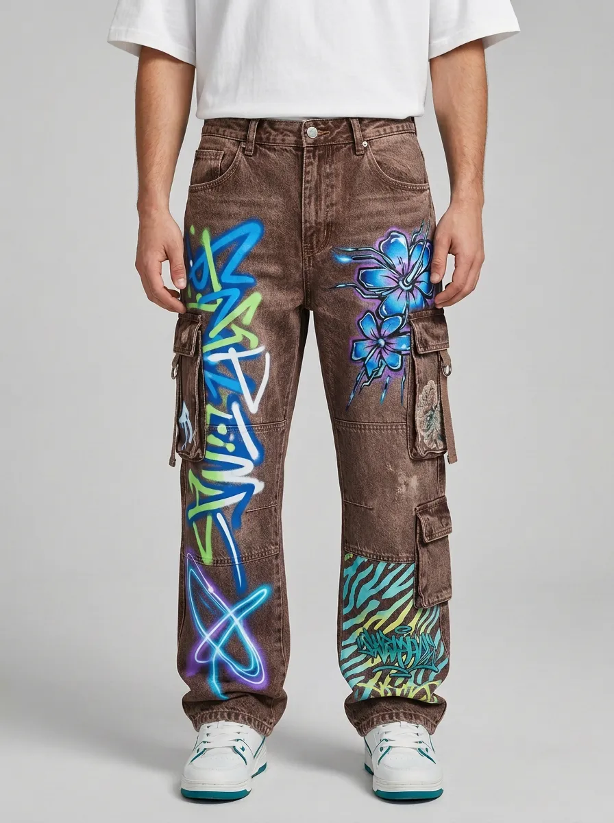 Men's Streetwear Graffiti Floral Zebra Graphic Cargo Jeans