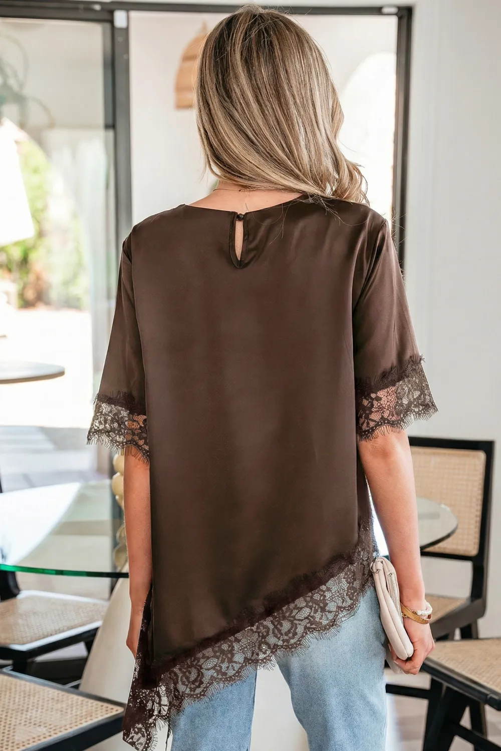 Coffee Asymmetric Lace Trim Short Sleeve Top